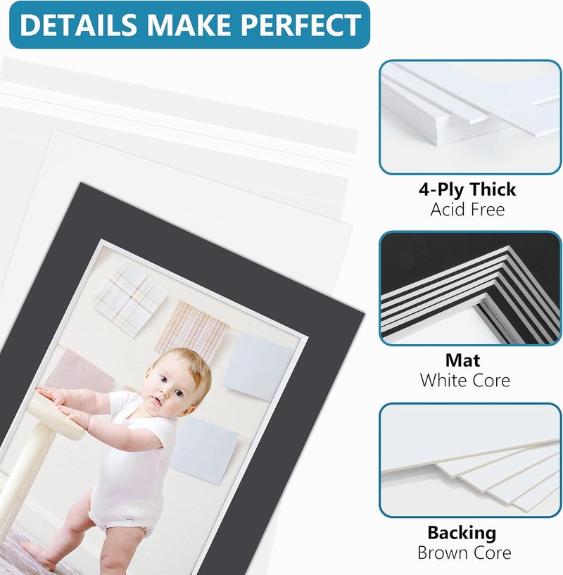 Somime 10 Pack 11x14 Black Picture Mat Kit for 8x10 Photo with White Core Bevel Cut Mattes Sets - Includes 10 Acid Free Pre Cut Mats & 10 Backings & 10 Print Sleeve Bags - Image 4